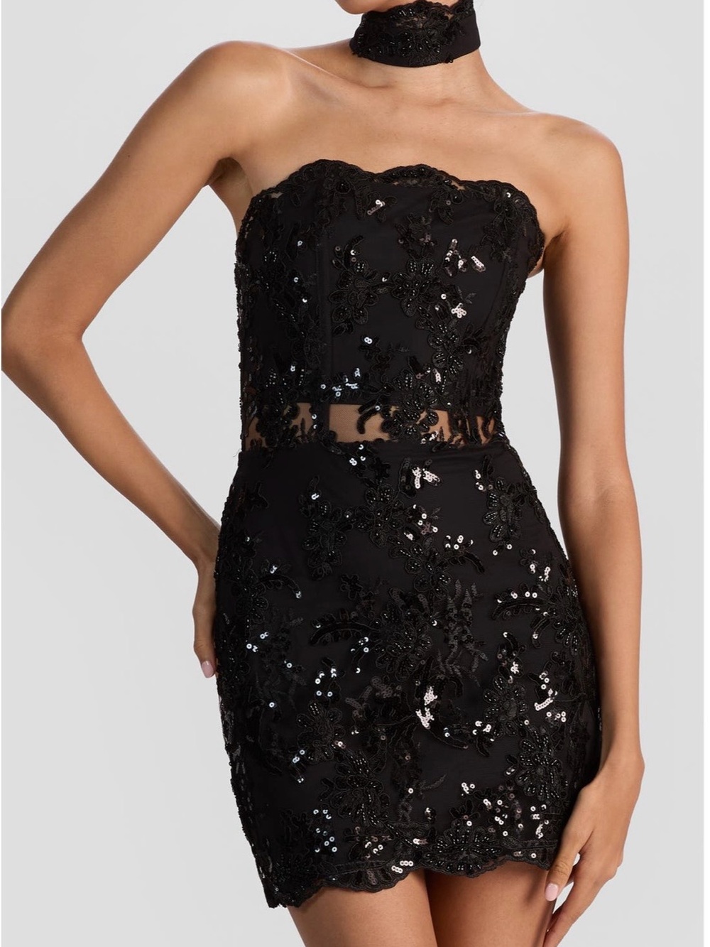 Alice + Olivia NWT Black Strapless Sequin Lace Mini Dress